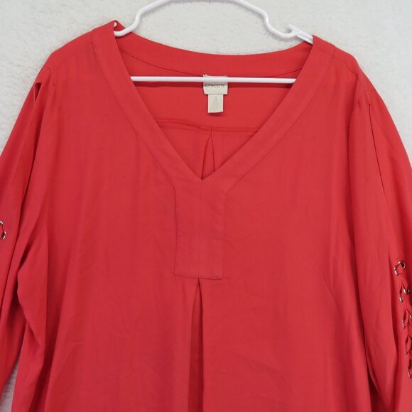 Chicos Shirt Womens Size Extra Large Red Lace Up Sleeve V Neck Tunic Blouse - Picture 2 of 8